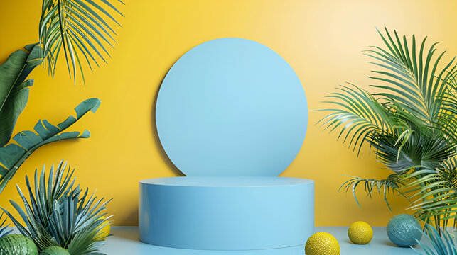 Cosmetic background for product, branding and packaging presentation geometry form cicular molding on podium stage with tropical leaf background,Tropical palm leaves frame on light blue background

