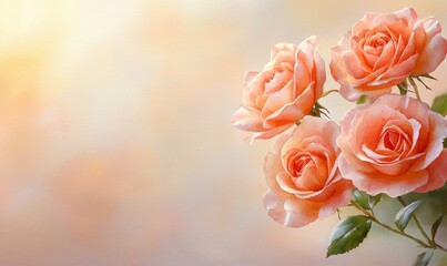 Obraz premium Beautiful peach roses gracefully bloom against a soft pastel background, perfect for adding warmth and elegance to any design.