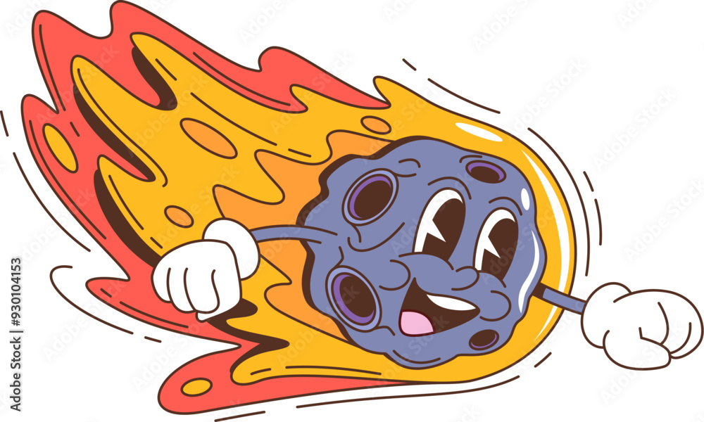 Poster retro groovy asteroid or comet cartoon character with funky funny face, vector 70s comic art. groovy