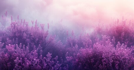 Fototapeta premium Vibrant Purple Flowers, Soft Fog and a Gentle Pink Glow
