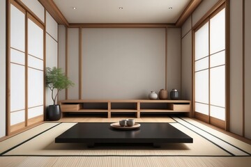 Minimalist Japanese-style living room with wooden shelves, a black coffee table, and tatami mats.