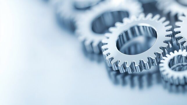 Close-up of polished metal gears on a reflective surface, showcasing intricate details and engineering precision.