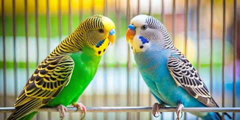 Obraz premium Two budgies in a cage with different colors looking at each other , budgies, birds, cage, colorful, perch, feathers