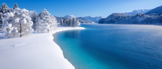 Obraz premium A vast expanse of water, encircled by trees laden with snow, and backdropped by a mountain range, all mountains capped with snow