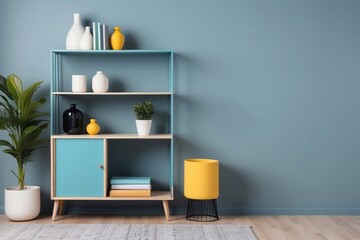 Modern blue bookshelf with yellow accents in a minimalist living room.