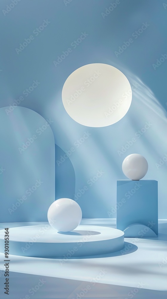 Poster soft blue background with geometric shapes and spheres creates a serene and minimal atmosphere, beau