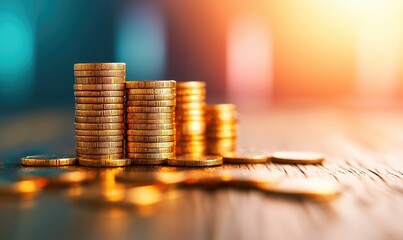 Golden coins stacked on a wooden surface, shimmering in warm light, symbolizing wealth and financial growth.