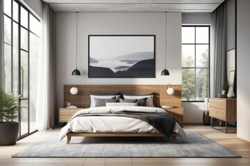 Modern Minimalist Bedroom with Foggy Mountain Landscape Art