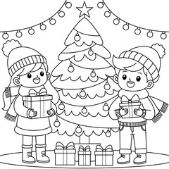 Cute Boy an Girl Holding Gift and Christmas Tree Outline Coloring Page for Kids