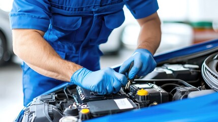 Mechanic working with tools on a vehicle engine, showcasing automotive repair skills in an indoor workshop environment.