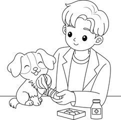 Veterinarian Bandaging a Dog's Paw Outline Coloring Page for Kids