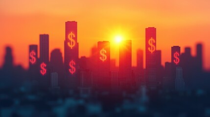 Fototapeta premium Silhouette of a city skyline at sunset with dollar signs, symbolizing wealth, finance, and economic growth.