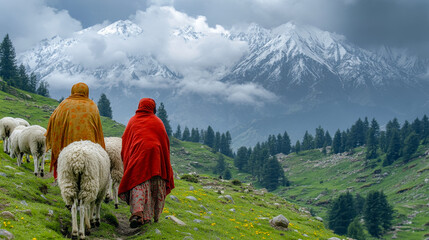 Women herding sheep among green meadows with wildflowers in a mountainous region © Rajesh