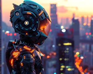 Fototapeta premium Futuristic cyber soldier in high-tech armor overlooking a neon-lit city at dusk, symbolizing advanced technology and robotics.