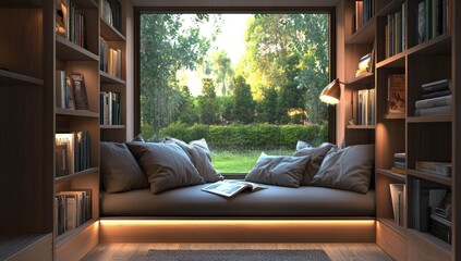 Cozy reading nook with bookshelves and window.