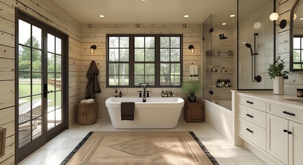 Fototapeta premium Modern Bathroom Design, Wooden Accents, Vanity Sink