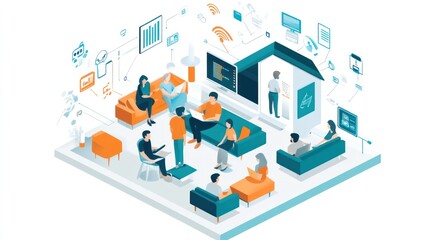 Obraz premium Illustration of a modern office environment with employees engaged in various activities including meetings, presentations, and individual work in a connected, technology-enabled space.