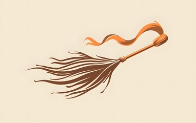Illustration of a traditional broom with an orange ribbon on a beige background. Perfect for Halloween or fantasy-themed designs.