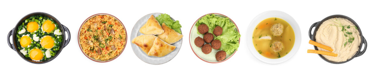 Hummus, shakshuka, samosas, falafel balls, pilaf and matzo balls on white background, top view. Collection with dishes of different national traditional cuisines