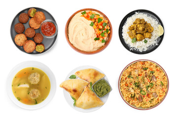 Hummus, samosas, falafel balls, pilaf, matzo balls and rice with curry on white background, top view. Collection with dishes of different national traditional cuisines