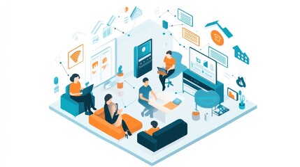 Obraz premium An isometric illustration of a modern office environment with employees working at desks and casual seating, surrounded by technology and digital interface icons.