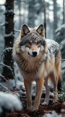Obraz premium grey wolf setting on snow in the woods at winter 3d 