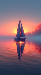 Fototapeta premium Minimalist blue calm lake boat illustration poster background