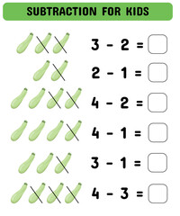 Subtraction for preschoolers with vegetables. Educational math game for kindergarten. Printable sheet. Vector illustration