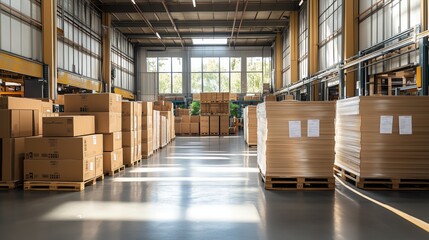 Industrial Warehouse with Stacked Pallets and Natural Light. Industrial warehouse filled with stacked pallets and boxes, bathed in natural light from large windows, demonstrating efficient storage.