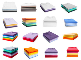 Stacks of different t-shirts isolated on white, collage