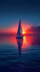 Fototapeta premium Minimalist blue calm lake boat illustration poster background