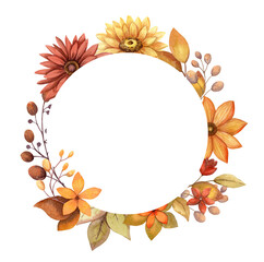 Autumn round frame with watercolor flower and twig and copy space. Hand drawn floral edge template in rustic style. Perfect for fall botanical invitation and card designs.