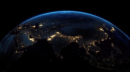 Obraz premium A satellite view of Earth at night, highlighting city lights across Asia, including China and India, glowing in the darkness.