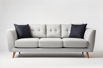 Fototapeta premium Grey Sofa with Black Pillows and Wooden Legs