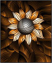 Illustration in stained glass style with  abstract flower on wavy background,brown tone, sepia