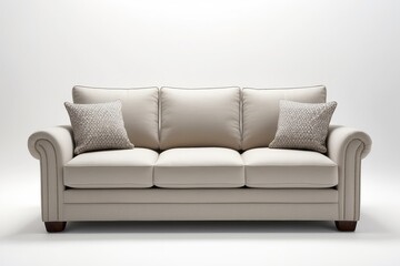 Obraz premium Beige Sofa with Rolled Arms and Decorative Pillows