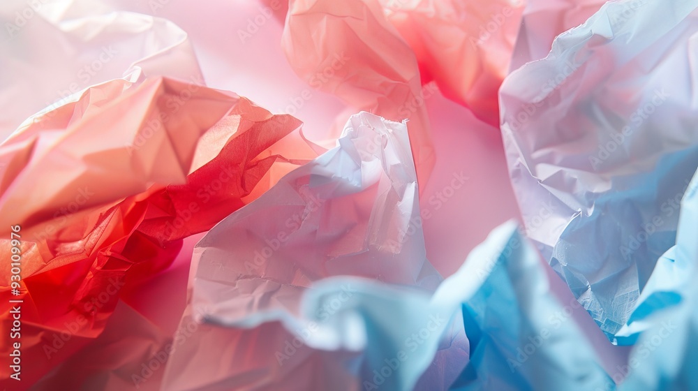Poster crumpled red and blue paper lies scattered, creating an artistic and textured composition against a 