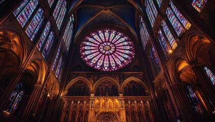 Fototapeta premium Ornate gothic church interior with stained glass windows.