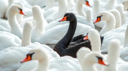 Obraz premium A single black swan surrounded by white swans, representing different leadership and the courage to be unique.