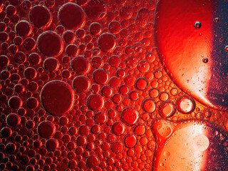 Abstract Background Red oil Macro Colorful artistic of oil drop floating on the water. macro red bubble oil of wallpeper, blood concept