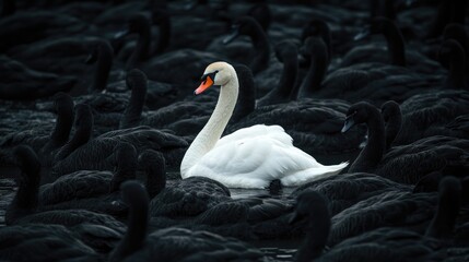 Fototapeta premium A single white swan among black swans, representing the courage to lead with individuality and uniqueness.