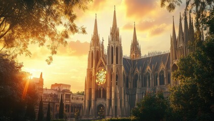 Fototapeta premium Gothic cathedral sunset golden hour.