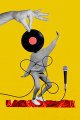 Creative vertical collage young headless girl dance funky party sing karaoke club mic vinyl plate...