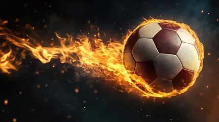 Fototapeta premium A soccer ball with a burning flame tail, flying through the darkness, representing the passion and energy of the sport.