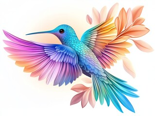 Obraz premium Vibrant digital illustration of a blue hummingbird with colorful wings and background leaves. Perfect for nature or wildlife-themed designs.