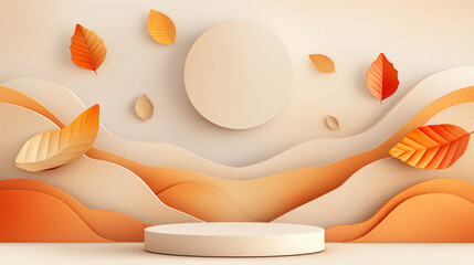 A white pedestal with a round base and a large orange leaf on top