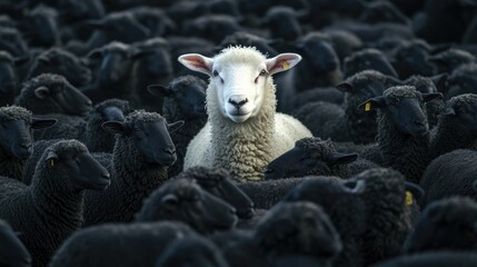 A white sheep raising its head among black sheep, representing uniqueness and standing out in a crowd.