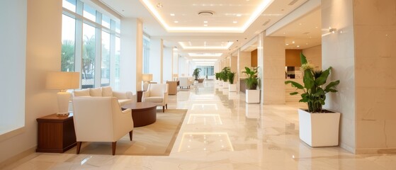  A long hallway with white chairs lining both sides At the hall's end, a room reveals a central plant