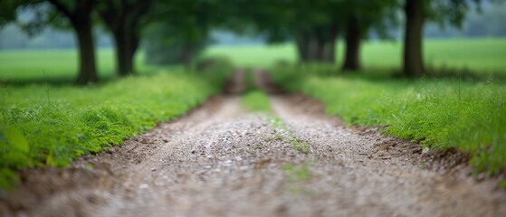 Obraz premium A dirt path through a field, flanked by trees on either side, and bordered by grass