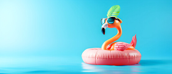 3D render of a cute flamingo pool float with sunglasses and a palm leaf hat isolated on a blue background, depicting a summer vacation concept in a minimal style